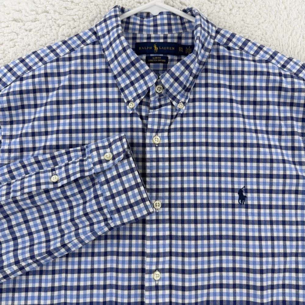 Ralph Lauren Shirt Mens 2XL Blue Check Slim Fit Stretch Oxford Button Down Pony
